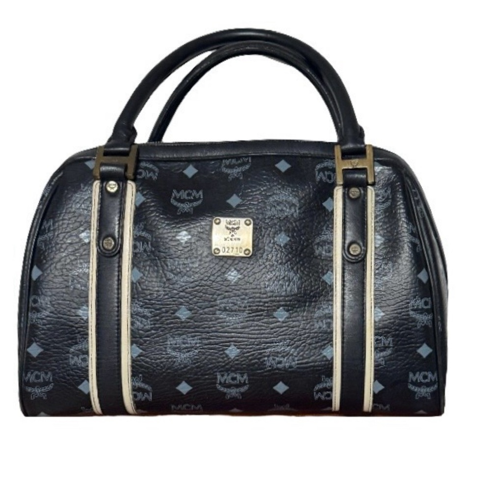 ⚜️Rare!! MCM Visetos Logo Leather Boston Bag Black w/ Print & Black&white Trim👑 - Picture 3 of 14